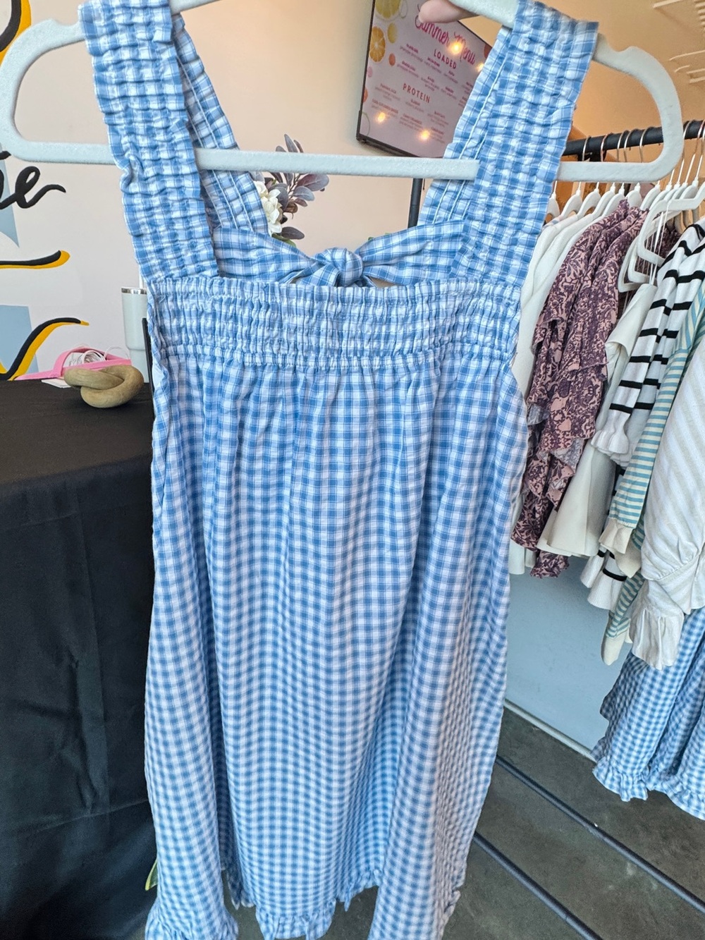 Blue Gingham Mini Dress with Tie Back